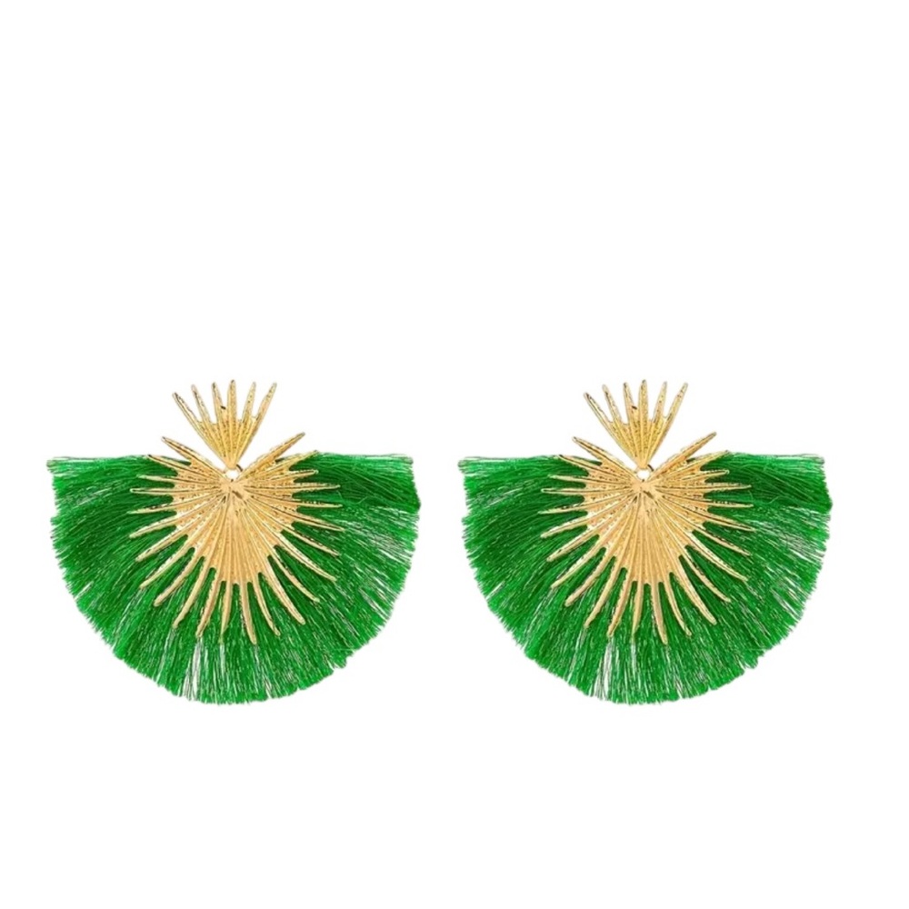 Emerald Green and Gold Fringe Large Fan Earrings
